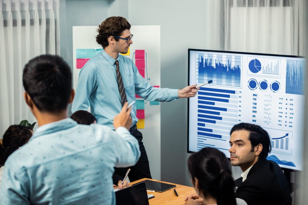 Businessman deliver business presentation with financial report data. Meticulous