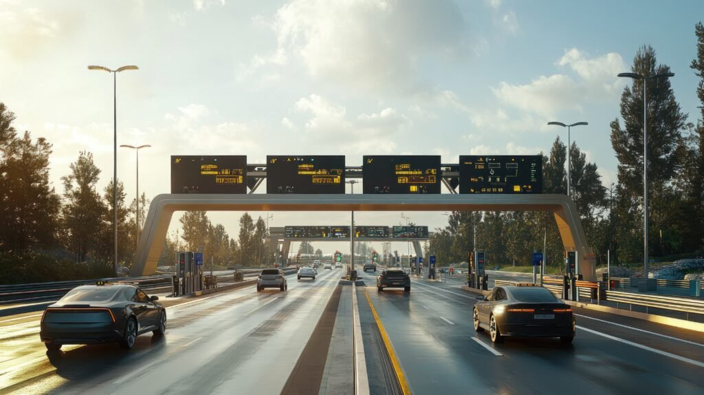 Futuristic toll road with automatic digital payment gates and smart and modern road signs, with electric cars background wallpaper AI generated image